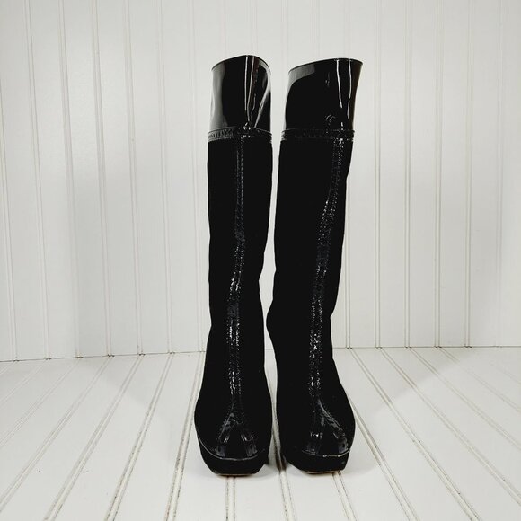 Yves Saint Laurent Black Leather Suede and Patent Slip On High Heel Boots I22 - Picture 3 of 12
